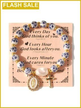 Miraculous Medal Cross Bracelet Stretch Ceramic Pearl Gold-Tone Charm